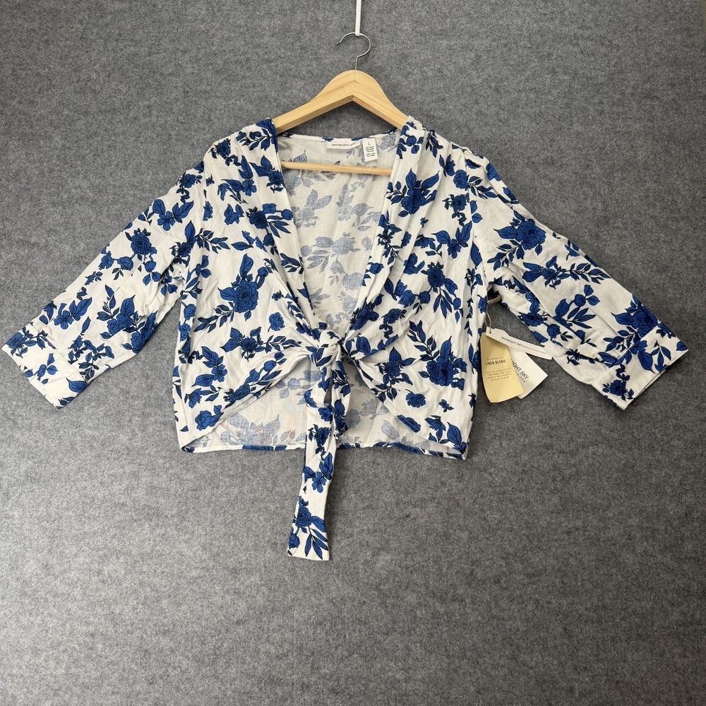 Midnight Sky Smocked Square Neck Puff Sleeve Cropped Floral Blouse L